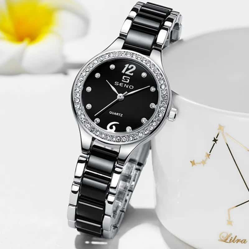 #SENO LADIES WATCH STAINLESS STEEL WATER RESISTANT BLACK ROSE-WHITE