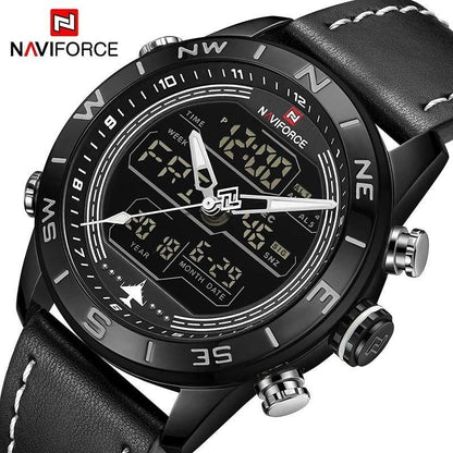 NAVIFORCE GENTS WATCH #NF 9144 ANALOGUE & DIGITAL DISPLAY LIGHT BUTTON WATER RESISTANT BATTERY POWERED BROWN BLACK BLUE DARK-BROWN NAVIFORCE BRANDED BOX