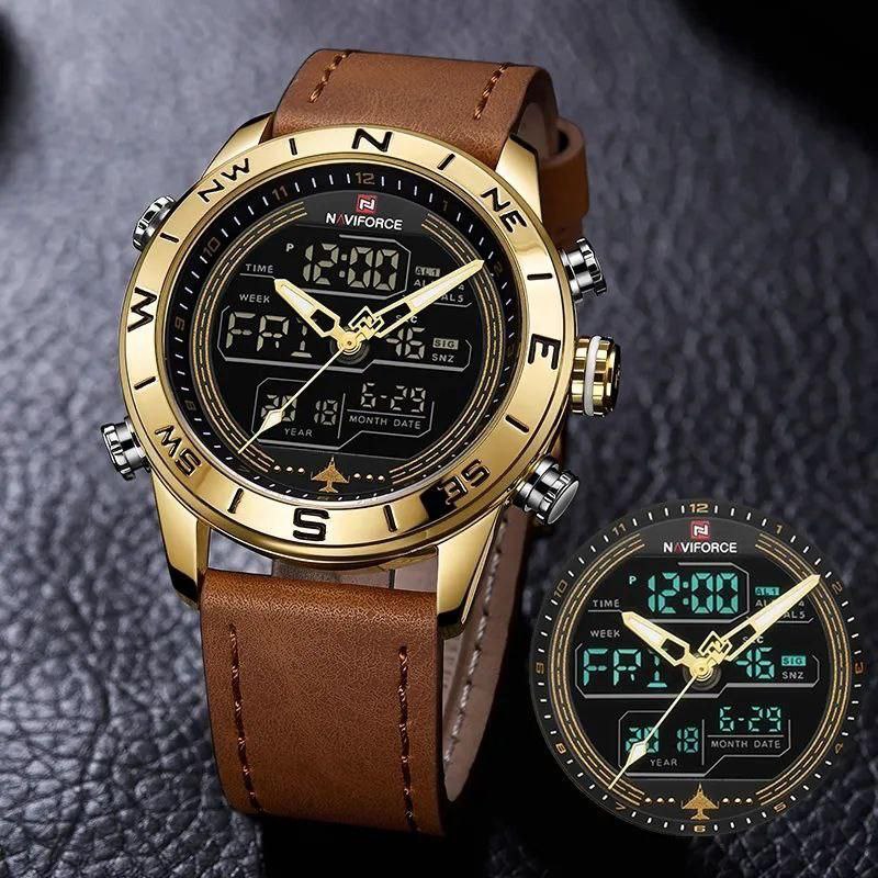 NAVIFORCE GENTS WATCH #NF 9144 ANALOGUE & DIGITAL DISPLAY LIGHT BUTTON WATER RESISTANT BATTERY POWERED BROWN BLACK BLUE DARK-BROWN NAVIFORCE BRANDED BOX