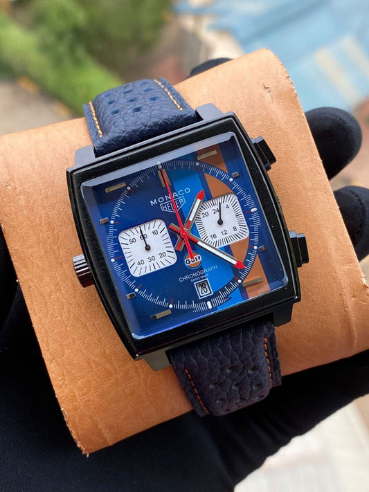 MONACO HEUR CHRONOGRAPH MEN WATCH CHRONOGRAPH MOVEMENT DATE DISPLAY NON-FADE STAINLESS STEEL FINISH WATER RESISTANT BATTERY POWERED SMOOTH SWEEPING MOVEMENT GIFT BAG ENQUIRIES