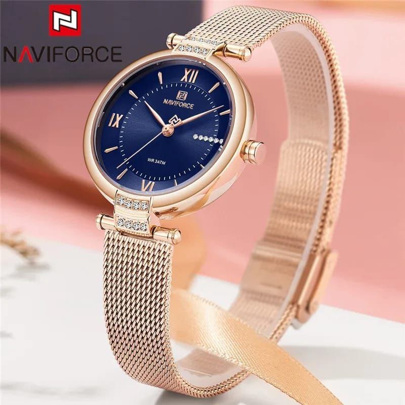 NAVIFORCE LADIES #NF5019 ADJUSTABLE MESH STRAP WATER RESISTANT SILVER ROSE-BLUE ROSE-GREEN NAVIFORCE BRANDED BOX ENQUIRIES