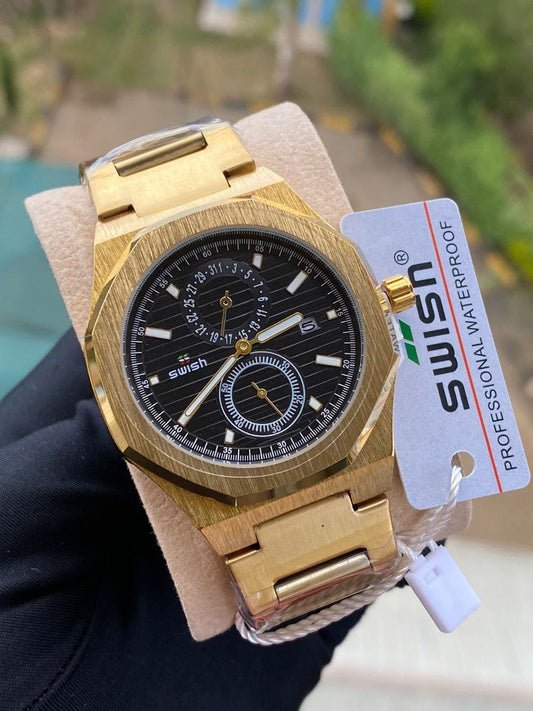 SWISH CHRONOGRAPH GENTS WATCH CHRONOGRAPH DATE DISPLAY BATTERY POWERED STAINLESS STEEL WATER RESISTANT TWO-TONE BLACKGOLD -BLACKBLACK-GREEN BLACK-BLUE GOLD-BLUE