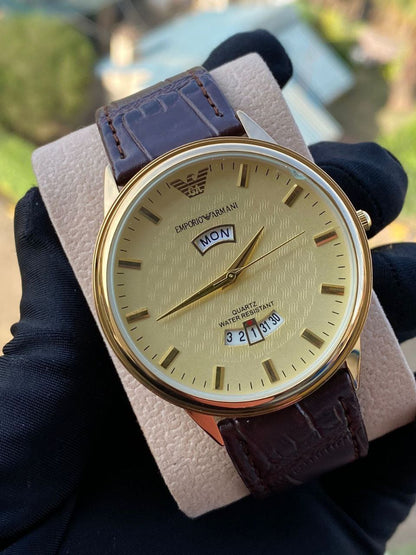 LEATHER DAY &DATE WATCH WATER RESISTANT BATTERY POWERED