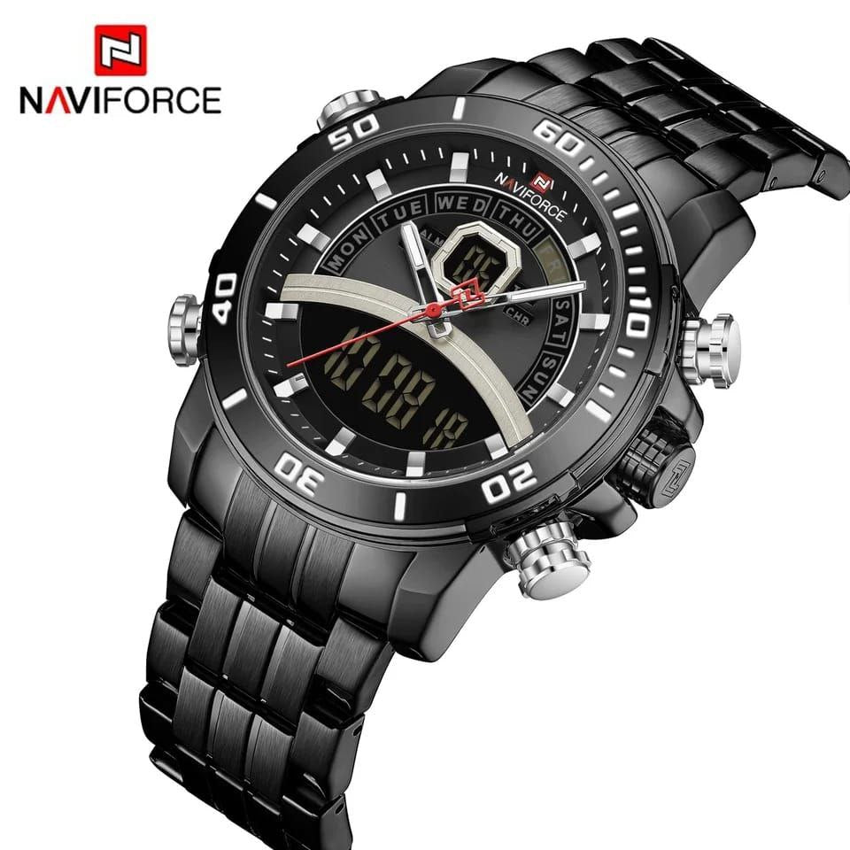 #NAVIFORCE GENTS WATCH #NF 9181 ANALOGUE & DIGITAL DISPLAY LIGHT BUTTON WATER RESISTANT BATTERY POWERED BLACK GOLD SILVER ENQUIRIES