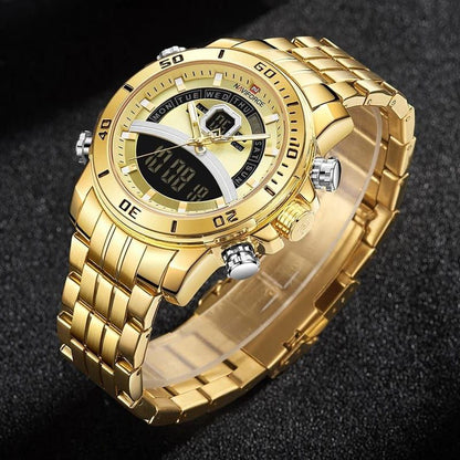 #NAVIFORCE GENTS WATCH #NF 9181 ANALOGUE & DIGITAL DISPLAY LIGHT BUTTON WATER RESISTANT BATTERY POWERED BLACK GOLD SILVER ENQUIRIES