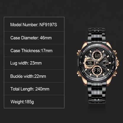 #NAVIFORCE GENTS WATCH #NF 9181 ANALOGUE & DIGITAL DISPLAY LIGHT BUTTON WATER RESISTANT BATTERY POWERED BLACK GOLD SILVER ENQUIRIES