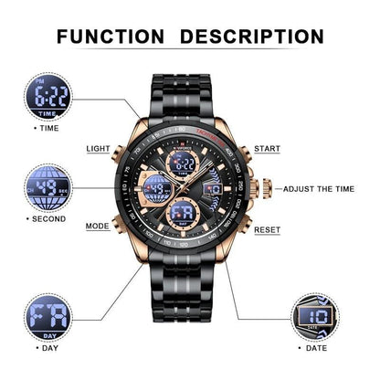 #NAVIFORCE GENTS WATCH #NF 9181 ANALOGUE & DIGITAL DISPLAY LIGHT BUTTON WATER RESISTANT BATTERY POWERED BLACK GOLD SILVER ENQUIRIES
