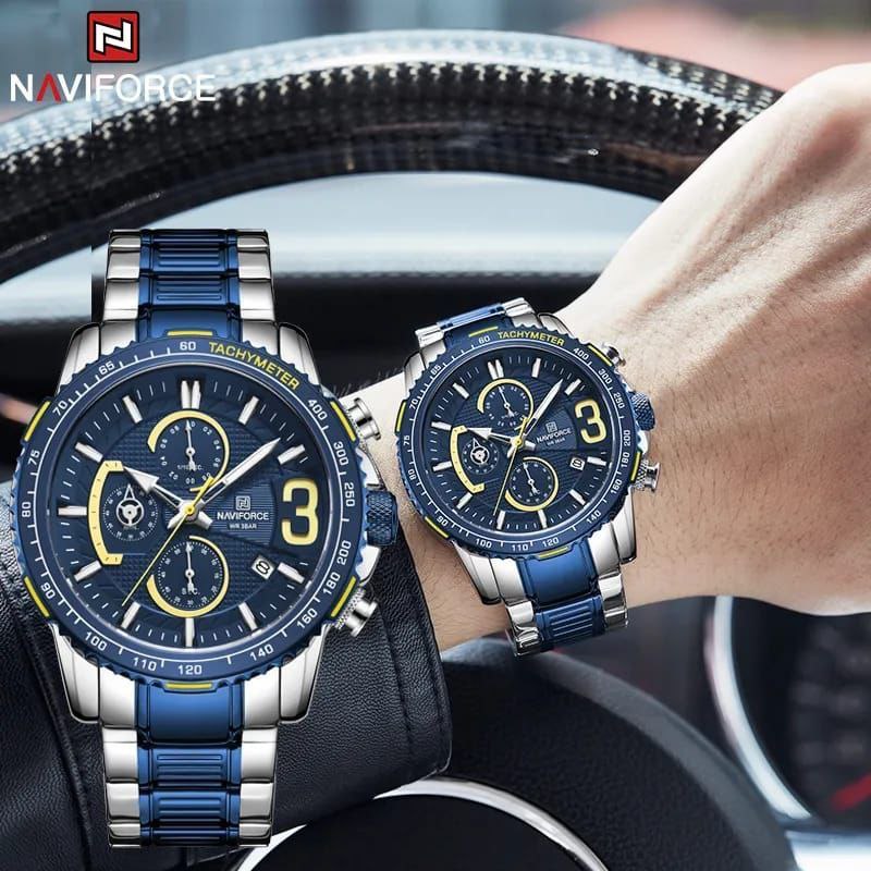 #NAVIFORCE GENTS WATCH #NF 8017 DATE DISPLAY LUMINOUS WATER RESISTANT BATTERY POWERED CHRONOGRAPH FUNCTION SILVER-GREEN SILVER-BLUE SILVER-RED ENQUIRIES