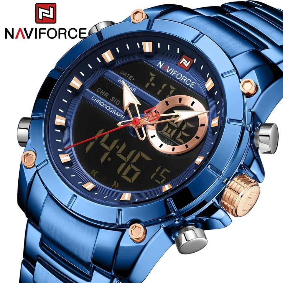 NAVIFORCE GENTS WATCH #NF 9163 ANALOGUE & DIGITAL DISPLAY LIGHT BUTTON WATER RESISTANT BATTERY POWERED GOLD BLACK BLUE NAVIFORCE BRANDED BOX