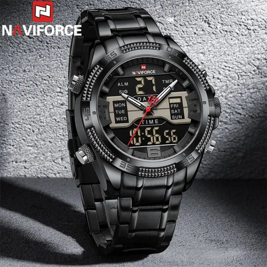 #NAVIFORCE GENTS WATCH #NF 9201 ANALOGUE & DIGITAL DISPLAY LIGHT BUTTON WATER RESISTANT BATTERY POWERED BLACK BLUE ENQUIRIES