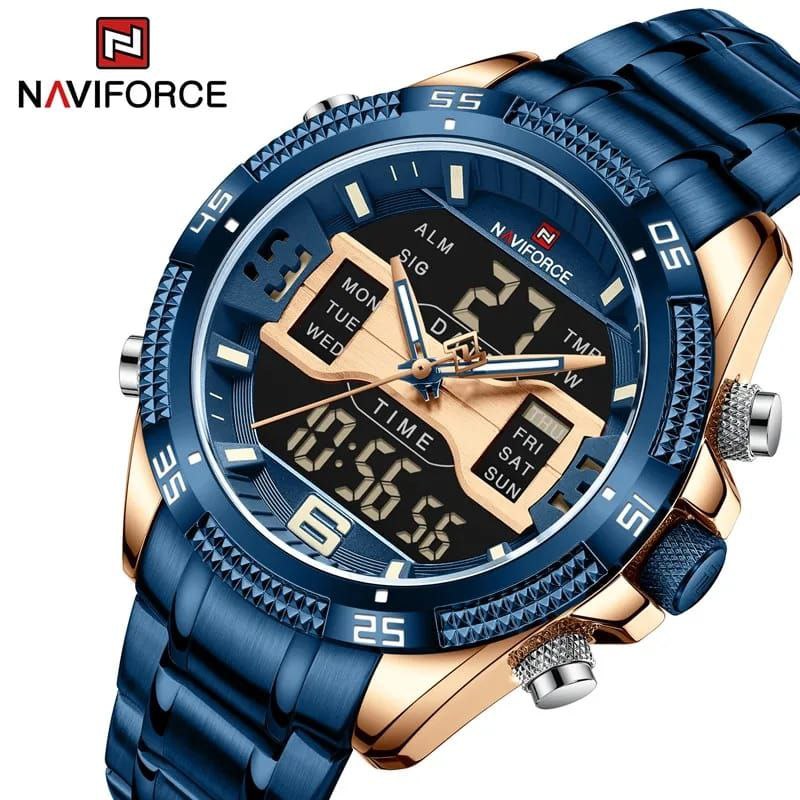 #NAVIFORCE GENTS WATCH #NF 9201 ANALOGUE & DIGITAL DISPLAY LIGHT BUTTON WATER RESISTANT BATTERY POWERED BLACK BLUE ENQUIRIES