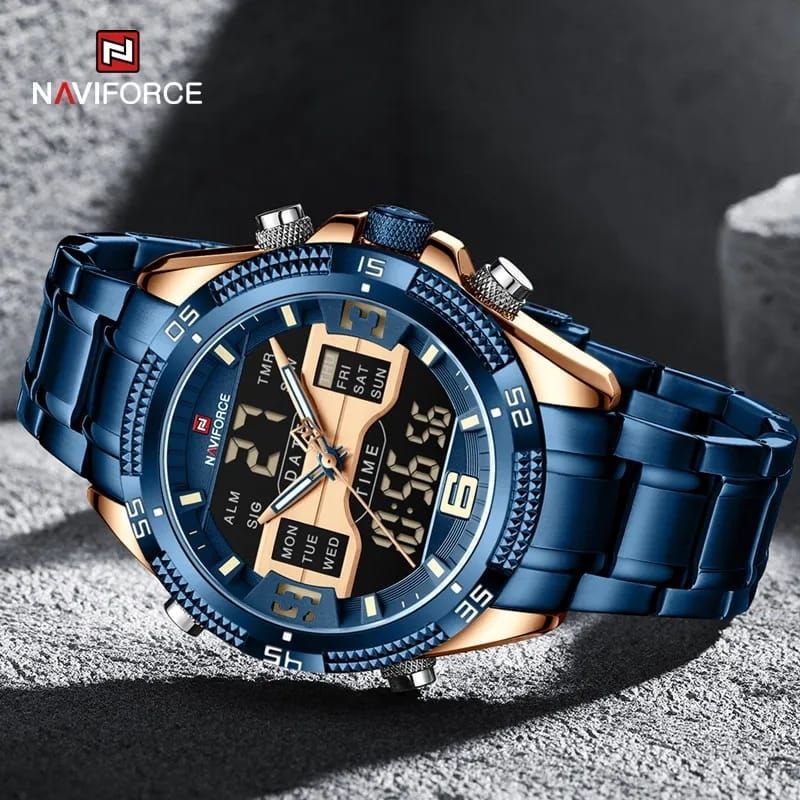 #NAVIFORCE GENTS WATCH #NF 9201 ANALOGUE & DIGITAL DISPLAY LIGHT BUTTON WATER RESISTANT BATTERY POWERED BLACK BLUE ENQUIRIES