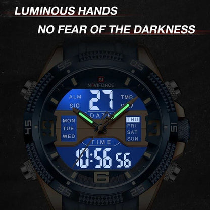 #NAVIFORCE GENTS WATCH #NF 9201 ANALOGUE & DIGITAL DISPLAY LIGHT BUTTON WATER RESISTANT BATTERY POWERED BLACK BLUE ENQUIRIES