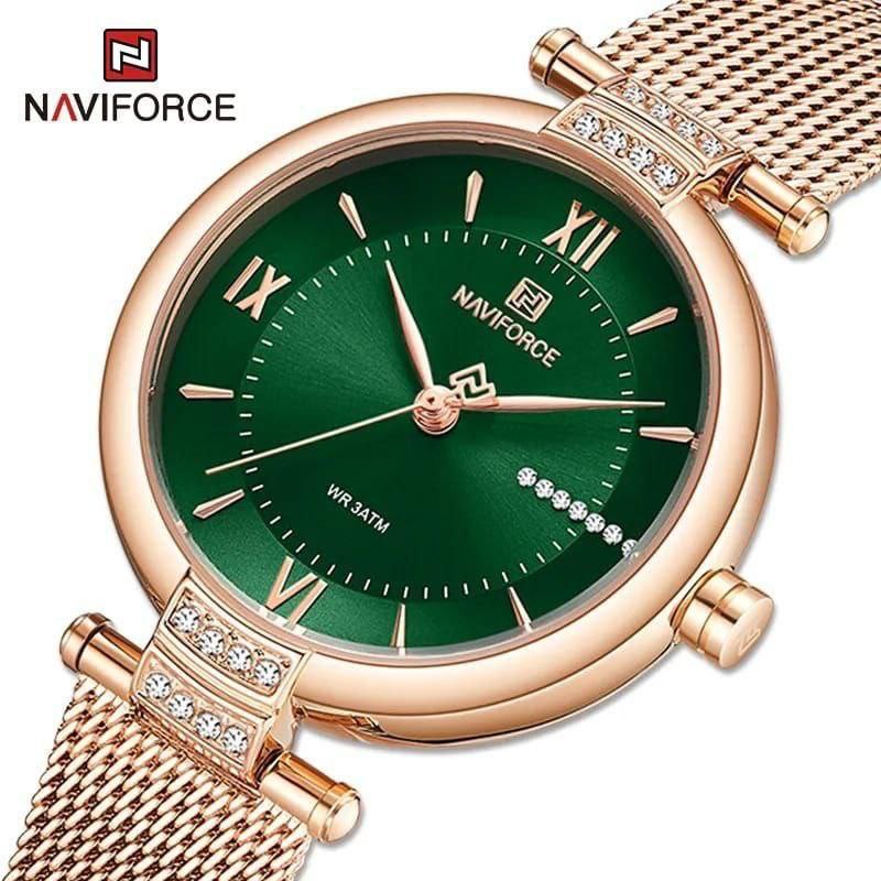 NAVIFORCE LADIES #NF5019 ADJUSTABLE MESH STRAP WATER RESISTANT SILVER ROSE-BLUE ROSE-GREEN NAVIFORCE BRANDED BOX ENQUIRIES