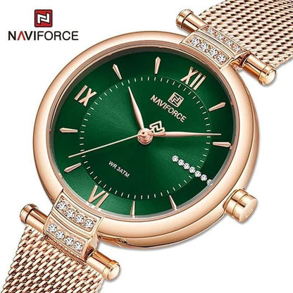 NAVIFORCE LADIES #NF5019 ADJUSTABLE MESH STRAP WATER RESISTANT SILVER ROSE-BLUE ROSE-GREEN NAVIFORCE BRANDED BOX ENQUIRIES