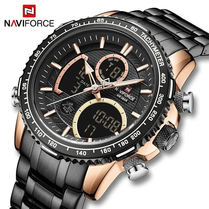 #NAVIFORCE GENTS WATCH #NF 9194 ANALOGUE & DIGITAL DISPLAY LIGHT BUTTON WATER RESISTANT BATTERY POWERED GREY BLACK
