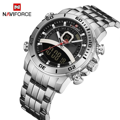 #NAVIFORCE GENTS WATCH #NF 9181 ANALOGUE & DIGITAL DISPLAY LIGHT BUTTON WATER RESISTANT BATTERY POWERED BLACK GOLD SILVER ENQUIRIES
