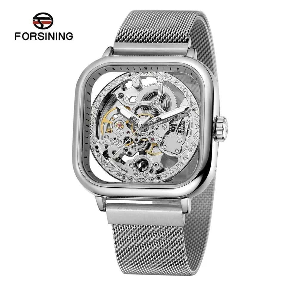 FORSINING AUTOMATIC SKELETON WATCH BLACK SILVER MESH STRAP WATER RESISTANT STAINLESS STEEL AUTOMATIC MOVEMENT COMES A BRANDED GIFT BOX