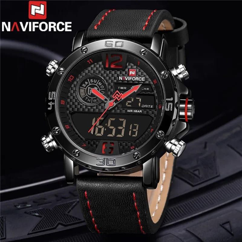#NAVIFORCE GENTS WATCH #NF 9134 ANALOGUE & DIGITAL DISPLAY LIGHT BUTTON WATER RESISTANT BATTERY POWERED BLACK-RED BROWN BLACK