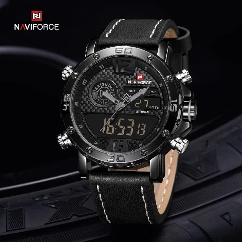 #NAVIFORCE GENTS WATCH #NF 9134 ANALOGUE & DIGITAL DISPLAY LIGHT BUTTON WATER RESISTANT BATTERY POWERED BLACK-RED BROWN BLACK