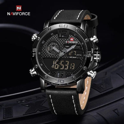 #NAVIFORCE GENTS WATCH #NF 9134 ANALOGUE & DIGITAL DISPLAY LIGHT BUTTON WATER RESISTANT BATTERY POWERED BLACK-RED BROWN BLACK