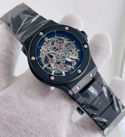 HUBLOT AUTOMATIC METALLIC STRAP STAINLESS STEEL WATER RESISTANT AUTOMATIC MOVEMENT HUBLOT BRANDED BOX ENQUIRIES