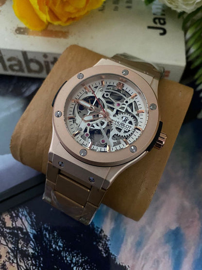 HUBLOT AUTOMATIC METALLIC STRAP STAINLESS STEEL WATER RESISTANT AUTOMATIC MOVEMENT HUBLOT BRANDED BOX ENQUIRIES