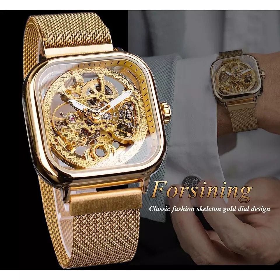 FORSINING AUTOMATIC SKELETON WATCH GOLD BLACK SILVER MESH STRAP WATER RESISTANT STAINLESS STEEL AUTOMATIC MOVEMENT COMES A BRANDED GIFT BOX