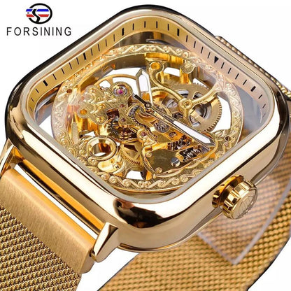 FORSINING AUTOMATIC SKELETON WATCH GOLD BLACK SILVER MESH STRAP WATER RESISTANT STAINLESS STEEL AUTOMATIC MOVEMENT COMES A BRANDED GIFT BOX