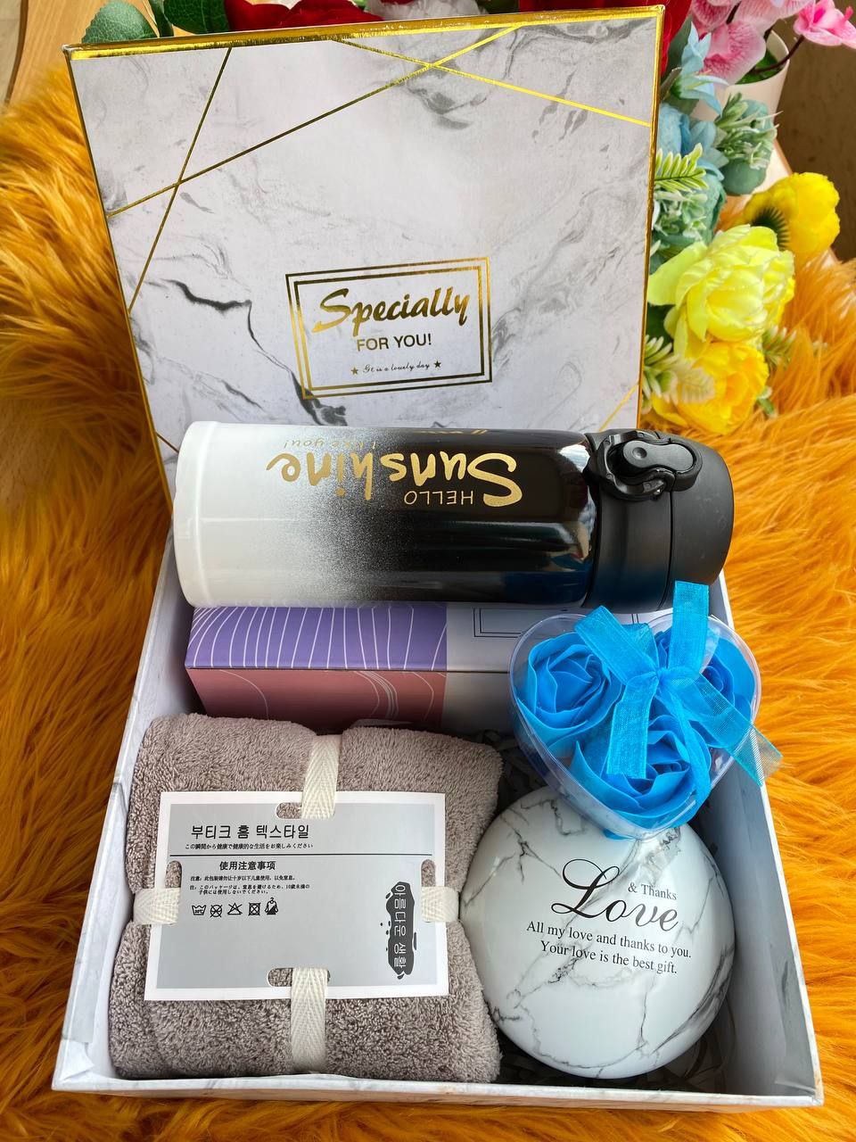 VALENTINES COMBO GIFTS BATH TOWEL MINI FLASK/WATER BOTTLE CANDY TIN PRESERVED BLUE ROSE PETALS BOX ENQUIRIES