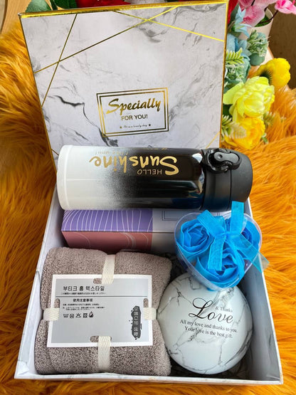 VALENTINES COMBO GIFTS BATH TOWEL MINI FLASK/WATER BOTTLE CANDY TIN PRESERVED BLUE ROSE PETALS BOX ENQUIRIES