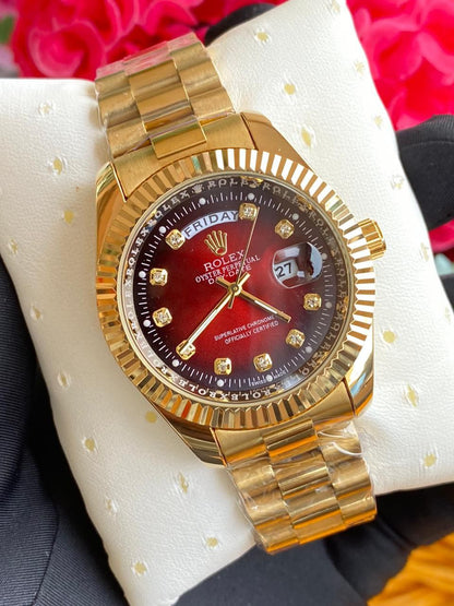 GENTS ROLEX WITH PERPETUAL CALENDAR FULL DAY DISPLAY DATE DISPLAY WATER RESISTANT BATTERY POWERED ROLEX BRANDED BOX