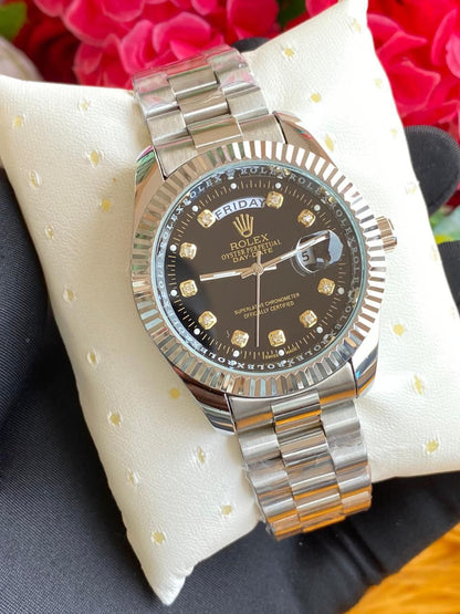 GENTS ROLEX WITH PERPETUAL CALENDAR FULL DAY DISPLAY DATE DISPLAY WATER RESISTANT BATTERY POWERED ROLEX BRANDED BOX