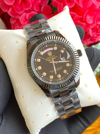 GENTS ROLEX WITH PERPETUAL CALENDAR FULL DAY DISPLAY DATE DISPLAY WATER RESISTANT BATTERY POWERED ROLEX BRANDED BOX