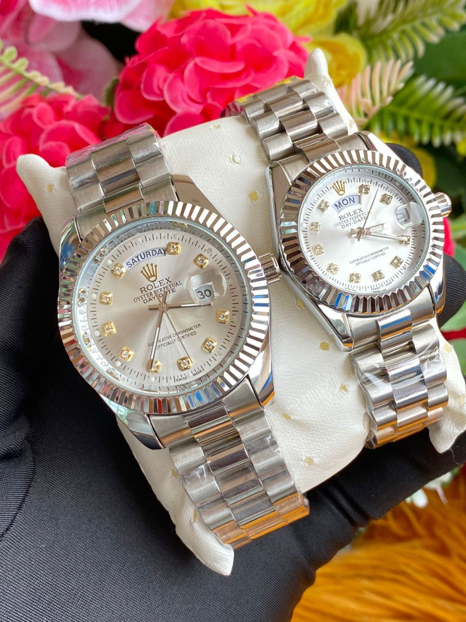 ROLEX COUPLE WATCHES SINGLE WATCH DAY AND DATE DISPLAY WATER RESISTANT BATTERY POWERED ROLEX BRANDED BOX