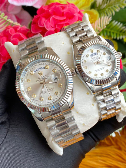 ROLEX COUPLE WATCHES SINGLE WATCH DAY AND DATE DISPLAY WATER RESISTANT BATTERY POWERED ROLEX BRANDED BOX