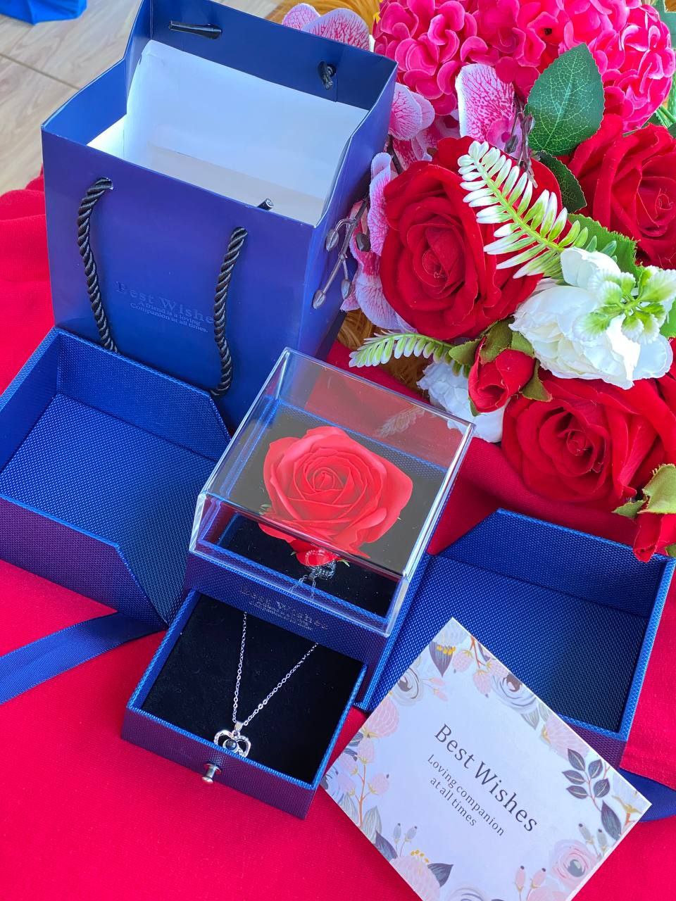 BEST WISHES GIFT PACKAGE I LOVE YOU NECKLACE 100 LANGUAGES PRESERVED ROSE DRAWER BOX BAG GIFT CARD ROSE GOLD & SILVER NECKLACE