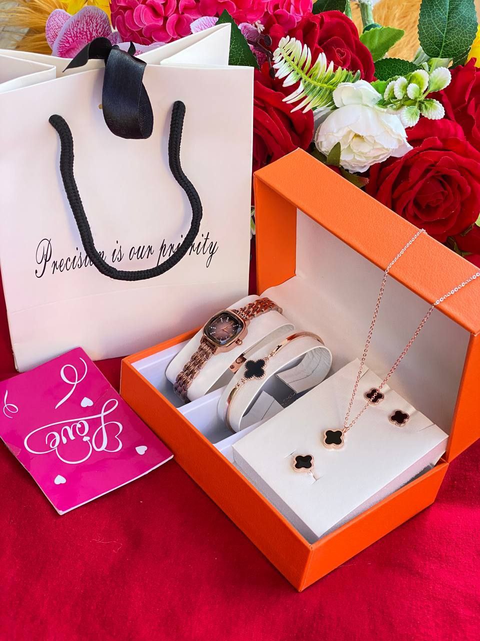 5 1 GIFT SETS WITH GIFT BAG&CARD DOZEN PURCHASE AND ABOVE 2,300( SET ONLY) WATCH,NECKLACE,EARRINGS,BRACELET,RING. BAG CARD ENQUIRIES