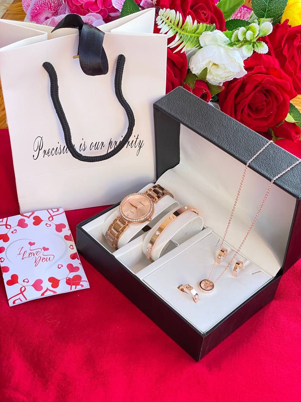 5 1 GIFT SETS WITH GIFT BAG&CARD DOZEN PURCHASE AND ABOVE 2,300( SET ONLY) WATCH,NECKLACE,EARRINGS,BRACELET,RING. BAG CARD ENQUIRIES