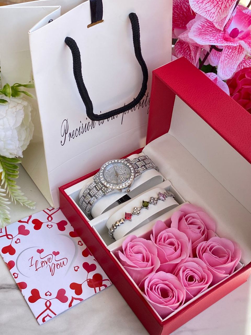 FLORAL GIFT SET PRESERVED ROSES WATCH BRACELET LOVE CARD GIFT BAG ENQUIRIES 0712-995-975