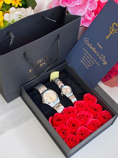 LOVE FOREVER GIFT PACKAGE X COUPLE WATCHES PRESERVED ROSES LOVE FOREVER BOX& BAG CARD COUPLE WATCHES ENQUIRIES