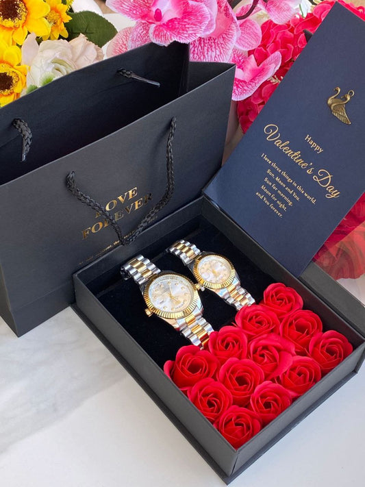 LOVE FOREVER GIFT PACKAGE X COUPLE WATCHES PRESERVED ROSES LOVE FOREVER BOX& BAG CARD COUPLE WATCHES ENQUIRIES