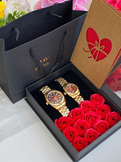 LOVE FOREVER GIFT PACKAGE X COUPLE WATCHES PRESERVED ROSES LOVE FOREVER BOX& BAG CARD COUPLE WATCHES ENQUIRIES