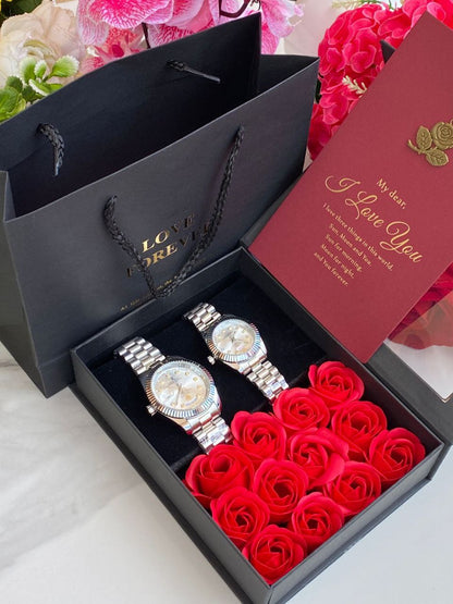LOVE FOREVER GIFT PACKAGE X COUPLE WATCHES PRESERVED ROSES LOVE FOREVER BOX& BAG CARD COUPLE WATCHES ENQUIRIES