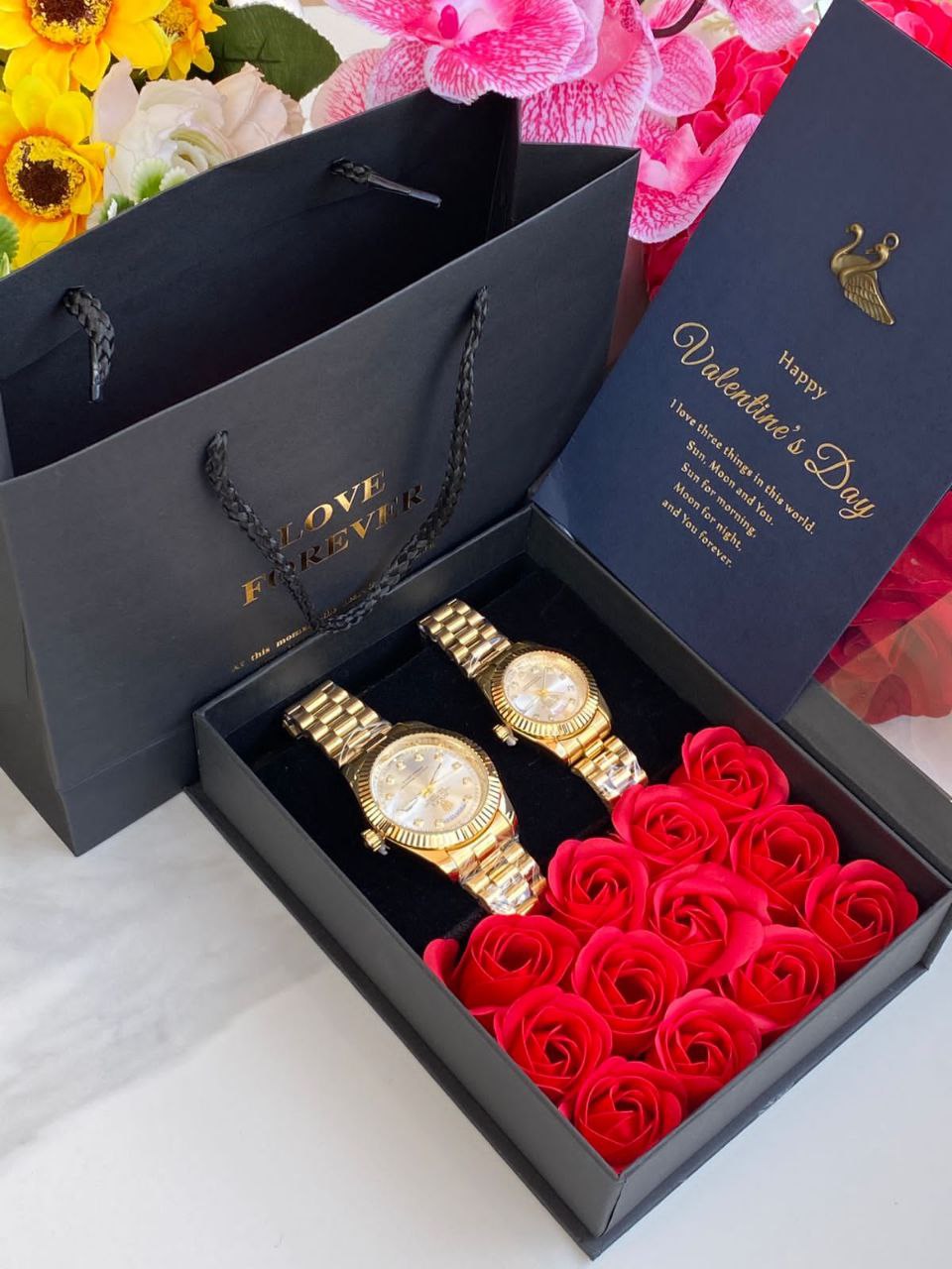 LOVE FOREVER GIFT PACKAGE X COUPLE WATCHES PRESERVED ROSES LOVE FOREVER BOX& BAG CARD COUPLE WATCHES ENQUIRIES
