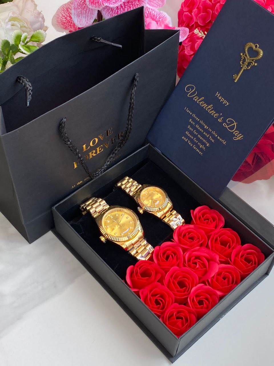 LOVE FOREVER GIFT PACKAGE X COUPLE WATCHES PRESERVED ROSES LOVE FOREVER BOX& BAG CARD COUPLE WATCHES ENQUIRIES