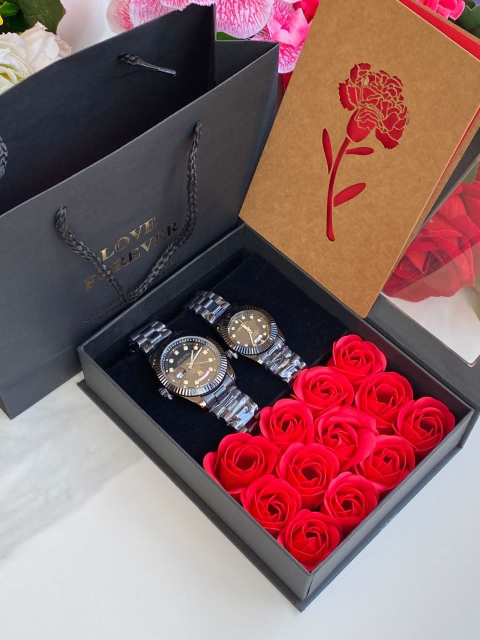 LOVE FOREVER GIFT PACKAGE X COUPLE WATCHES PRESERVED ROSES LOVE FOREVER BOX& BAG CARD COUPLE WATCHES ENQUIRIES