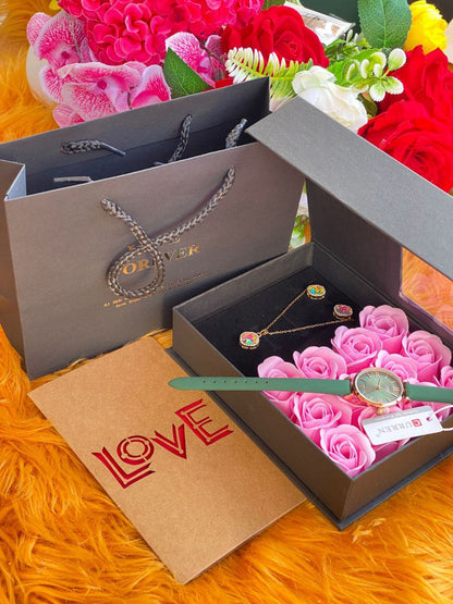 LADIES GIFT PACKAGE PRESERVED ROSES NECKLACE X EARRRINGS WATCH (ANY CURREN,CASIO,ROLEX BRANDS) LOVE CARD BAG X BOX