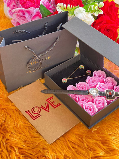 LADIES GIFT PACKAGE PRESERVED ROSES NECKLACE X EARRRINGS WATCH (ANY CURREN,CASIO,ROLEX BRANDS) LOVE CARD BAG X BOX