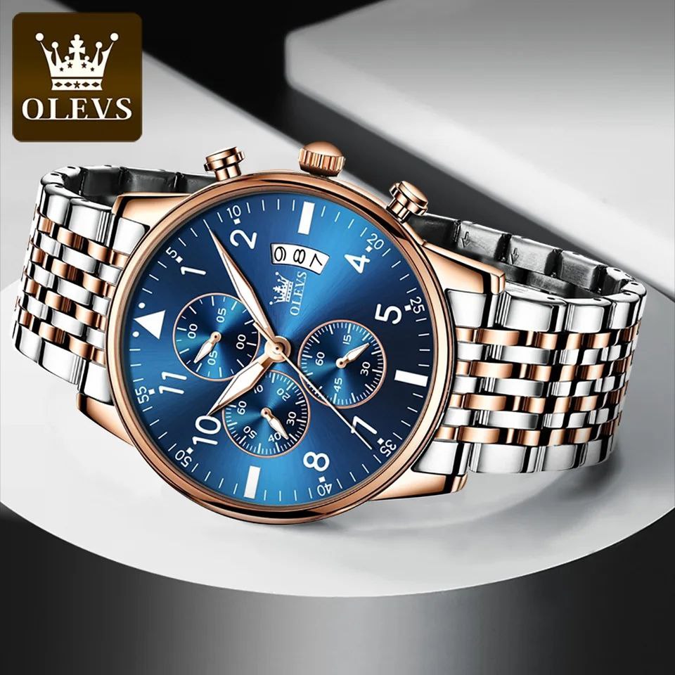 OLEVS CHRONOGRAPH MEN WATCH CHRONOGRAPH MOVEMENT DATE DISPLAY STRONG LUMINOUS FUNCTION BATTERY POWERED STAINLESS STEEL WATER RESISTANT OLEVS BRANDED BOX